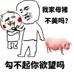 图片为卡通风格的网络迷因图，画面中有一个面带得意笑容的男性简笔画角色，左手手持一个有着夸张红脸表情的小人形象。角色右侧站立着一头粉色的母猪。图中文字内容包括男性角色旁的“我家母猪不美吗?”以及底部的“勾不起你欲望吗”。整体通过将红脸小人与母猪进行荒诞对比，配合调侃性文字制造幽默效果，属于典型的网络搞笑梗图。