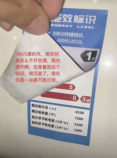 图中一只手正在掀开空调表面张贴的伪造1级能效标识贴纸，露出被盖住的真实能效标识，可见该空调实际为8级能效，制冷季节耗电量很高。贴纸表面印有红色文字吐槽，称30多度的高温天房东询问自己为什么不开空调，自己看到真实的能效等级后才明白房东故意贴了假的低能耗标识，因为担心电费过高不敢开空调，吐槽房东丝毫不想吃亏。