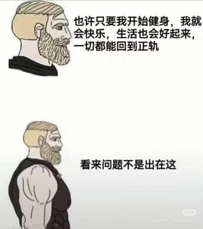 这是一张上下分栏的对比式卡通梗图，上图展示了一位身材普通的络腮胡男性，配文表达了他寄希望于健身来摆脱生活困境、找回快乐的期待：“也许只要我开始健身，我就会快乐，生活也会好起来，一切都能回到正轨”；下图则是该男性练出了极具视觉冲击力的健硕肌肉，配文却透露出他的无奈：“看来问题不是出在这”。图中通过健身前后的身材反差与心态落差，调侃了人们试图用单一的行动来解决复杂生活问题的徒劳，传递出一种无力自嘲的情绪，图中没有双关、谐音梗等内容。