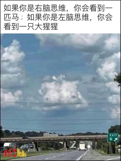 这是一张公路上空的实拍图，画面里的天空中漂浮着一朵轮廓特殊的云彩，图上方配文引导观看者：“如果你是右脑思维，你会看到一匹马；如果你是左脑思维，你会看到一只大猩猩”，通过这种趣味测试的形式，让观看者从不同角度去解读云的形状，带来轻松的视觉趣味体验，图中没有双关、谐音梗等内容。