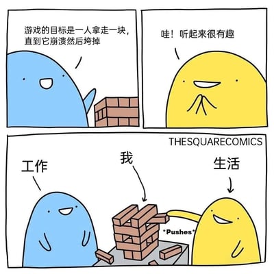 四格漫画通过拆砖游戏隐喻工作与生活的关系。上左图蓝色角色解释游戏规则：'游戏的目标是一人拿走一块，直到它崩溃然后垮掉'；上右图黄色角色兴奋回应'哇！听起来很有趣'；下图中蓝色角色标为'工作'，黄色角色标为'我'，右侧标为'生活'，黄色角色正推搡摇摇欲坠的砖块结构，配文'*Pushes*'。漫画用简单几何角色和生活化场景，幽默展现工作与生活双重压力下个人精力被消耗的状态。