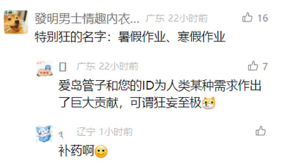 这是一张社交媒体评论区的静态截图，展示了三条充满趣味的网友评论。第一条评论来自广东网友，发布于22小时前，调侃将男士情趣内衣取名为“暑假作业”“寒假作业”，利用日常学生熟悉的事物与情趣内衣形成反差制造笑点，该评论获得16个赞；第二条是另一位广东网友22小时前的回复，用戏谑的语气称赞原评论者及相关ID满足了人类的某种需求，言语夸张幽默，获得7个赞；第三条是辽宁网友1小时前的评论，使用谐音梗“补药啊”（谐音“不要啊”）进一步调侃，获得1个赞。整个评论区互动充满网络段子式的轻松诙谐氛围，通过反差联想、谐音梗等方式制造幽默效果。