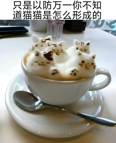 图片展示了一杯拿铁咖啡，奶泡上精心制作了五只猫咪造型的拉花，每只小猫都有棕色的眼睛、鼻子和肉垫细节，姿态呆萌地“挤”在咖啡杯中。图片上方配有文字“只是以防万一你不知道猫猫是怎么形成的”，以幽默的方式将可爱的猫咪拉花与“猫猫形成”的脑洞概念结合，整体风格轻松治愈，充满萌点。