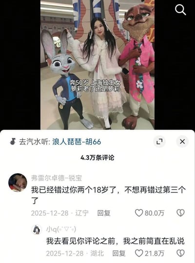 图片上半部分为一位身着白色毛绒连衣裙的女性站在两个卡通 mascots 中间合影，左侧是《疯狂动物城》中的朱迪·霍普斯（兔子形象，蓝色上衣黑色裤子，微笑叉腰），右侧是尼克·王尔德（狐狸形象，粉色衬衫带花纹领带，手持物品）。人物上方有文字：“奔50岁 上海独生女 萝莉老了还是萝莉”。下半部分为社交媒体评论区截图，显示“4.3万条评论”，顶部评论来自用户“弗雷尔卓德-锐宝”：“我已经错过你两个18岁了，不想再错过第三个了”，获80.0万点赞，时间2025-12-28 辽宁；下方有用户“小q(◍•ᴗ•◍)”回复：“我去看见你评论之前，我之前简直在乱说”，获21.8万点赞。左上角有“去汽水听: 浪人琵琶-胡66”的音乐标识，整体为竖屏手机格式的社交媒体截图。