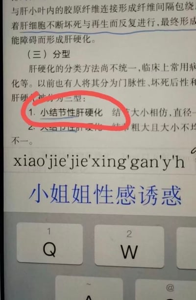 这是一张竖屏手机屏幕截图，上半部分是医学教材中关于肝硬化分型的文字内容，其中「小结节性肝硬化」条目被红圈标注；下半部分是中文输入法界面，用户输入拼音片段「xiao'jie'jie'xing'gan'y'h」原本是想打出「小结节性肝硬化」，但输入法候选词却跳出了完全不相关的「小姐姐性感诱惑」，二者拼音前缀高度重合，形成了极具反差的搞笑效果。