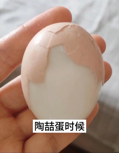 这是一张带有谐音梗的趣味图片，画面中一只手握着一颗熟鸡蛋，鸡蛋的部分蛋壳已经裂开翘起，露出了里面的白色蛋白；图片下方配有文字“陶喆蛋时候”，利用“陶喆”谐音“掏这”，“蛋时候”谐音“的时候”，实际表达的是“掏这蛋的时候”，将日常剥鸡蛋的场景和明星名字结合，通过谐音制造出搞笑的效果，充满生活趣味。