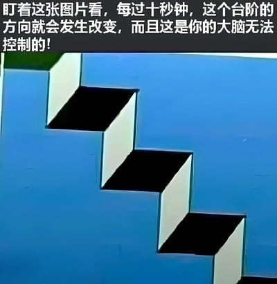这是一张利用视觉错觉原理制作的图片，展示了一组在蓝色背景上的台阶图案。图片上方配有文字说明：'盯着这张图片看，每过十秒钟，这个台阶的方向就会发生改变，而且这是你的大脑无法控制的！'。这种视觉效果利用了人脑对二维图像深度感知的不确定性，使观察者会交替看到台阶向上或向下延伸的两种状态。