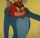 图片展示了《猫和老鼠》中的经典角色汤姆猫。它有着红色的愤怒面孔，眉头紧锁，眼睛瞪大，嘴巴微张露出尖锐牙齿，蓝色的身体，一只前爪向前伸出，整体姿态充满暴躁情绪，背景为简洁的浅色。