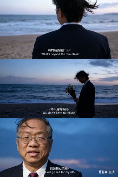 这是由三张AI生成的海边西装男子的图片拼接成的组图，传递出拒绝他人定义、坚持亲自探索人生的态度：
1. 第一张：西装男子背对镜头站在海滩，配文「山的后面是什么？」
2. 第二张：男子手持花束低头站在海边，配文「你不用告诉我」
3. 第三张：男子正面带着温和微笑，配文「我会自己去看」
组图整体氛围沉静治愈，没有双关、谐音梗等内容。
