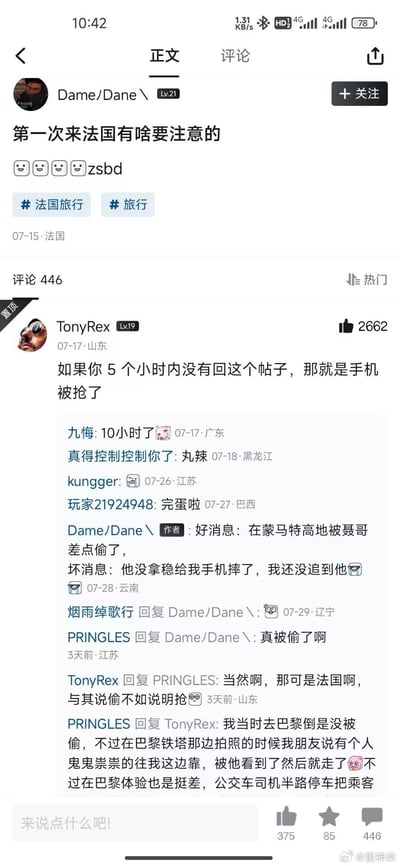 这是一张国内网络社区的帖子互动截图，发帖用户IP属地显示为法国，发帖询问第一次去法国有什么需要注意的事项，附带了法国旅行、旅行相关话题标签。热门评论区有网友调侃如果楼主5小时内没有回帖就说明手机被抢了，后续时隔十多天楼主回复，称自己在蒙马特高地确实遭遇小偷，小偷没拿稳手机将其摔落，自己也没能追上小偷，还有其他网友在评论区分享自己在法国旅行时遇到的治安相关糟糕体验，整体内容以玩梗结合真实经历的方式吐槽法国部分地区治安较差的现状。