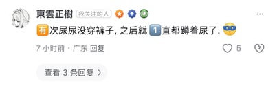 这是一张社交媒体平台的评论截图，用户“東雲正樹”发布了一条搞笑的个人经历分享：有一次没穿裤子尿尿，之后就一直蹲着尿了，还配上了一个带蓝色眼罩的表情。评论发布于7小时前，地点标注为广东，获得了5个点赞，另有3条未展示的回复。内容使用了数字“1”代替汉字“一”、表情“有”代替汉字“一”的趣味打字方式，整体风格轻松搞笑，带有自嘲感，是分享个人日常趣事的评论内容，没有双关、谐音梗或其他暗示内容。