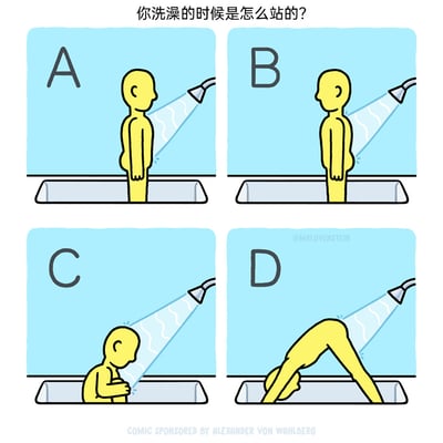 这是一幅由四格组成的趣味卡通连环漫画，顶部以文字提问“你洗澡的时候是怎么站的？”，分别展示了四种不同的淋浴姿势：A图中卡通小人站立着，让淋浴头的水冲刷后背；B图中小人侧身站立，让水冲刷侧腰；C图中小人蹲坐在淋浴区内，低头让水淋在身上；D图中小人做出类似瑜伽下犬式的俯身姿势，双腿分开撑在淋浴区，让水冲刷身体。漫画用夸张且贴近日常的不同姿势，调侃人们淋浴时千奇百怪的习惯，充满生活趣味性。