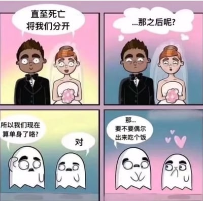 四格连环漫画，以幽默方式演绎爱情誓言的延续。第一格：穿着婚纱礼服的新人，其中一人说“直至死亡将我们分开”；第二格：新郎托腮疑惑思考“...那之后呢？”；第三格：两人变为幽灵形态，左边幽灵问“所以我们现在算单身了咯？”，右边幽灵淡定回答“对”；第四格：左边幽灵提议“那...要不要偶尔出来吃个饭”，背景浮现两颗粉色爱心。通过将传统婚礼誓言“至死不渝”延伸到死后以幽灵身份继续约会的脑洞设定，制造反差萌笑点，展现超越生死的轻松浪漫。