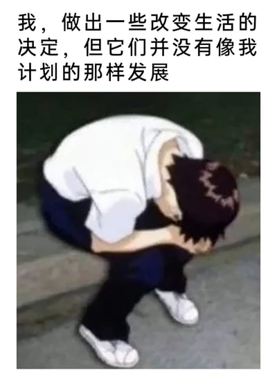 这是一张图文结合的网络表情包，上方配有文字“我，做出一些改变生活的决定，但它们并没有像我计划的那样发展”，下方是动画《新世纪福音战士》中的角色碇真嗣，他蜷缩着身体，双臂紧抱膝盖，将头埋在其中，姿态满是失落与沮丧。整张图精准地将文字传递的“尝试改变却事与愿违”的失意感，通过角色低落的视觉形象具象化，很容易引发人们在生活、工作中遭遇计划落空时的情绪共鸣。