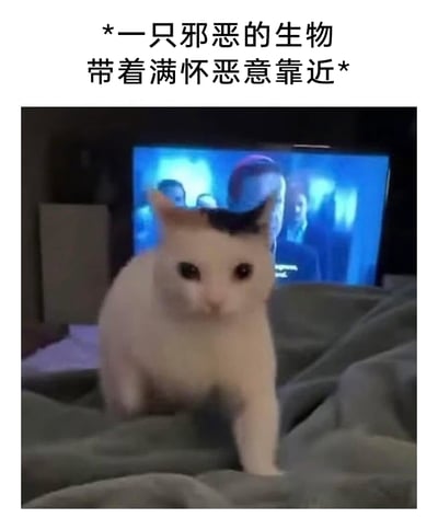 这是一张充满趣味的视觉错位梗图，画面主体是一只白色猫咪正从床上向前挪动，背景中电视播放的人物画面刚好与猫咪的头部位置重合，形成了猫咪头顶长着一撮黑色“邪恶刘海”的错觉。图片上方配有文字“*一只邪恶的生物 带着满怀恶意靠近*”，与猫咪平静的表情、错位形成的“邪恶造型”形成强烈反差，营造出滑稽搞笑的效果，让原本普通的猫咪看起来充满了“恶意感”，适合作为搞笑表情包在社交场景中使用。