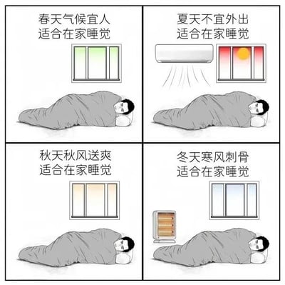 这是一张四格连环的图文混排静态图，四个格子分别对应春、夏、秋、冬四个季节，每个格子中都有一名盖着灰色平躺在床上的人，搭配对应季节的场景与文字说明：春季格子里标注“春天气候宜人 适合在家睡觉”，窗外是绿意盎然的景色；夏季格子标注“夏天不宜外出 适合在家睡觉”，房间内开启着空调，窗外是烈日炎炎的景象；秋季格子标注“秋天秋风送爽 适合在家睡觉”，窗外是带有秋意的景色；冬季格子标注“冬天寒风刺骨 适合在家睡觉”，房间内摆放着取暖器，窗外是寒冷的景象。整幅图通过四个不同季节的场景，统一指向“在家睡觉”这一行为，以夸张、调侃的方式表现出不管什么季节都想躺平睡觉的慵懒心态，用重复的行为和不同的季节理由制造搞笑效果。