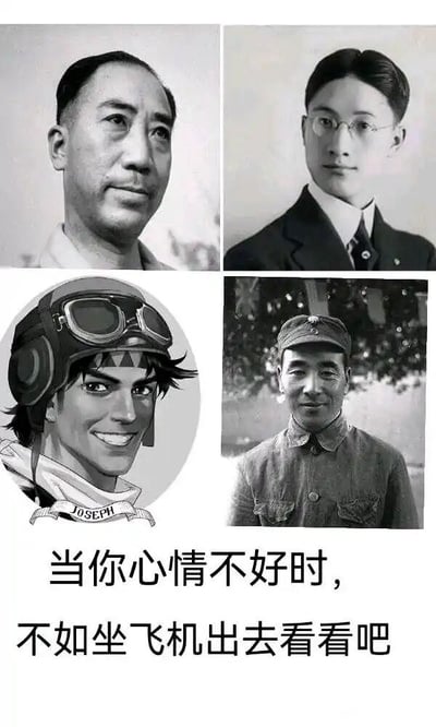 这张图片拼接了4位飞行员相关的历史人物或虚构人物的照片，并配上一句“当你心情不好时，不如坐飞机出去看看吧”。这句话表面上是一句激励出门旅游、放松心情的建议，但结合图片内容、所示飞行员的大概率悲剧结局，形成反讽和黑色幽默。实际上是在调侃“飞行员大部分结局都很惨”，表达劝诫“心情不好还是别坐飞机出去作死”的意思，属于典型的历史梗+反向鸡汤。

**梗点补充**：
- 这里“出去看看”有双关和冷幽默成分，暗示“再也回不来了”或“某些历史时期飞行员死亡率极高”，属于反向励志梗。
- 并无谐音梗，属于黑色幽默。