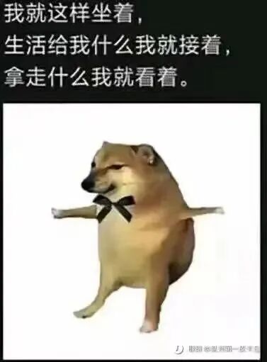 这是一张顶配底文图，上方配有黑色文字：“我就这样坐着，生活给我什么我就接着，拿走什么我就看着。”，下方是经过P图改编的cheems柴犬形象，该柴犬被修改为四肢张开、佩戴黑色领结的姿态，表情呈现出无奈又麻木的佛系感。图片通过拟人化的狗狗形象搭配佛系文案，精准传达出当代人在面对生活压力时，选择接受现实、不做挣扎的躺平心态，是一种用来抒发个人情绪的网络梗图。