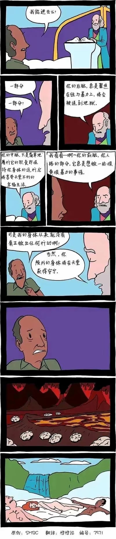这是一则脑洞大开的连环漫画：一位老人来到天堂门口请求进入，类似上帝的审判者将他的大脑拆分审判：负责本能欲望的后脑因满是性与暴力的念头要被打入地狱，维持身体运作的中脑能上天堂，掌管人格想法的前脑也因有出格念头下地狱，而老人的身体虽然没有实际行动，却能在天堂安息。最后画面展示地狱里一堆大脑在火海中，天堂里老人的身体惬意躺着。
漫画用大脑分区的概念玩黑色幽默，讽刺了“思想与行为割裂审判”的荒诞感，充满脑洞与黑色笑点。