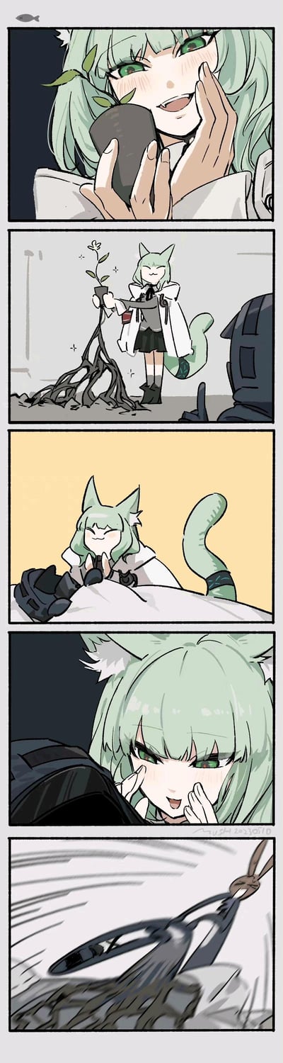 这是一组明日方舟的同人连环漫画，共五格：
1. 凯尔希手持手机，脸颊泛红露出害羞的笑容；
2. 凯尔希开心地向博士展示一盆小盆栽，盆栽的根系却在地面疯狂蔓延，突破了地面；
3. 凯尔希亲昵地趴在博士身上，神态满足；
4. 凯尔希凑近博士，做出可爱的表情；
5. 博士身上的阿米娅信物被猛地甩出来，形成有趣的反差，暗示博士在凯尔希的亲近下慌乱，或是心里记挂着阿米娅，制造出搞笑的效果。