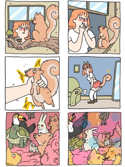这是一组六格漫画，讲述了红发女孩与松鼠之间的奇妙故事。第一格：女孩在窗边喂食松鼠，两人都面带微笑；第二格：女孩双手捂嘴，惊讶地看着松鼠；第三格：特写女孩抓住松鼠，松鼠表情惊恐；第四格：女孩站在室内，身后长出了卷曲的松鼠尾巴，表情既惊讶又害羞；第五格：各种动物聚集在一起，包括巨嘴鸟、兔子、乌龟等；第六格：动物们似乎在欢呼或庆祝，画面色彩更加丰富。