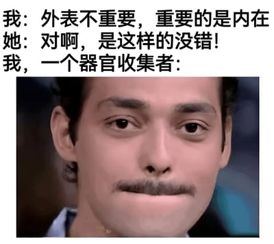 图片上方为三段对话文本：“我：外表不重要，重要的是内在”“她：对啊，是这样的没错！”“我，一个器官收集者：”，下方是一张真人男性的面部特写，他留着小胡子，眼神直视前方，表情中性。通过“内在”一词的双关（既指内在品质，又暗指身体内部器官）制造黑色幽默效果。