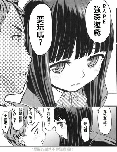 这是一幅由上下两部分组成的黑白连环卡通漫画，经过汉化处理。上半部分中，一名男性角色轻佻地凑近长发女性角色，向其提议玩“强奸游戏”；下半部分的对话里，女性明确表示没有兴趣，男性却持续纠缠，说出“不是很想就是这样才能玩！”这类扭曲逻辑的荒谬言论，漫画底部的注释“想要的话就不算强奸囉(?”更是将这种对性侵概念的错误解读放大，通过夸张且冒犯性的对话，讽刺了现实中存在的、为不当行为找借口的扭曲观念，凸显出这类言论的荒谬与不合理性。