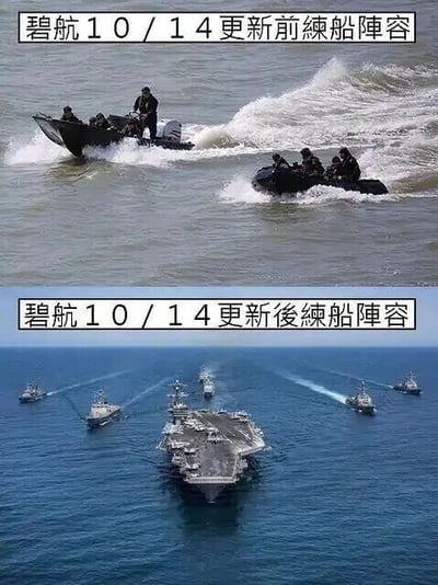 这是一张上下拼接的对比梗图，针对游戏《碧蓝航线》（“碧航”是其谐音简称）创作。上方区域标注“碧航10/14更新前練船陣容”，画面为两艘载有人员的小型快艇在海面高速行驶，模拟游戏更新前玩家可培养的舰船阵容；下方区域标注“碧航10/14更新後練船陣容”，画面是以航空母舰为核心的大型舰艇编队在海面航行，用极度夸张的反差，幽默地调侃游戏更新后可获取的舰船阵容强度大幅提升，契合游戏中“练船”（培养舰船）的玩法内容，通过真实的舰船照片对比，放大了更新带来的体验变化，充满趣味性。