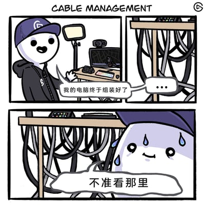 这是一则三格汉化卡通漫画，标题为“CABLE MANAGEMENT（线缆管理）”。第一格中，戴着紫色帽子、穿着黑色连帽衫的卡通小人满脸开心，正展示自己刚组装完成的电脑设备，配文“我的电脑终于组装好了”；第二格镜头切换到桌子下方，露出一团缠绕得毫无章法、杂乱不堪的各类线缆，用省略号凸显出与整洁桌面的强烈反差；第三格中，卡通小人瞬间满头大汗，慌张地试图遮挡桌下的线缆，配文“不准看那里”。漫画通过这种前后的强烈反差，精准戳中了数码爱好者组装电脑设备时，往往只注重桌面美观却忽略桌下线缆整理的普遍痛点，用搞笑的方式引发共鸣。