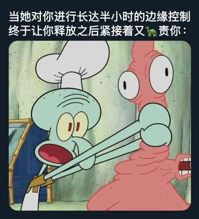 图片上方配有文字“当她对你进行长达半小时的边缘控制终于让你释放之后紧接着又🐢责你：”，下方是《海绵宝宝》的动画截图。画面中章鱼哥（蓝色身体、戴着白色厨师帽）表情愤怒无奈，用长长的手臂抓住派大星（粉红色海星），派大星则瞪大眼睛，露出惊讶呆滞的表情。图中“🐢”为乌龟 emoji，可能是一种俏皮的文字替代或 meme 化表达。