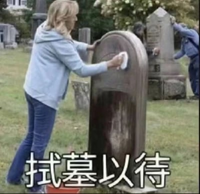 图片中一位身穿浅蓝色连帽衫和牛仔裤的女性正在墓地擦拭一块墓碑，背景中还有另一位模糊人物也在进行类似动作。图片底部有醒目的白色文字“拭墓以待”。
该图使用谐音梗，“拭墓以待”谐音“拭目以待”（原意为擦亮眼睛等待，形容殷切期望或密切关注事态发展），将“目”（眼睛）替换为“墓”（坟墓），结合擦拭墓碑的场景，形成幽默的反差效果。