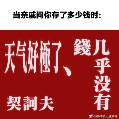 这是一张用于应对亲戚询问存款的搞笑社交梗图，整体分为上下两部分：上方白色背景搭配黑色文字，点明场景“当亲戚问你存了多少钱时:”；下方红色背景用醒目的白色艺术字体呈现“天气好极了、钱几乎没有”，并标注出处“契诃夫”。图中通过挪用文学大师的语句，以转移话题又带点自嘲的方式，巧妙回避亲戚关于存款的隐私提问，既幽默又能化解社交尴尬，非常适合在过年或家庭聚会等场景中用来回应这类让人难堪的问题。