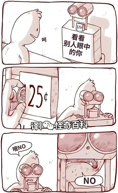 这是一则由三格组成的连环卡通漫画，以黑色幽默的反转剧情展开：第一格中，一个卡通小人看到一台标注“看看别人眼中的你”、收费25美分的机器，发出“呵”的轻笑，表现出好奇与期待；第二格中，小人投入25美分硬币，戴上机器的观测眼镜，准备查看“别人眼中的自己”；第三格中，小人透过眼镜看到了这台机器的真实面目——内部是一个面目怪异的存在，小人发出“哦NO”的惊呼，机器内部的存在也喊出“NO”，形成强烈的讽刺反转，原本想窥探他人对自己的评价，结果却看到了工具不愿被发现的荒诞真相，传递出对人们在意他人眼光这一行为的戏谑与讽刺。