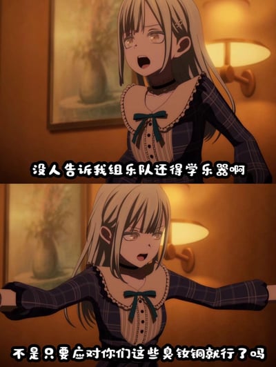 这是一张由《BanG Dream! It's MyGO!!!!!》的动画截图拼接而成的衍生梗图，分为上下两部分：上图中角色长崎爽世张大嘴巴，一脸震惊，配文「没人告诉我组乐队还得学乐器啊」；下图中角色双臂张开，表情崩溃，配文「不是只要应对你们这些臭钕铜就行了吗」。其中「钕铜」是「女同」的谐音，玩了粉丝群体的梗，用角色的崩溃反应调侃那种只想靠人设吸引粉丝、不愿付出实际努力的心态，搞笑又贴合二次元粉丝圈的趣味。