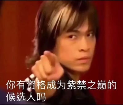 图片中是一位长发男性角色，他表情严肃，手指向前方，背景为红色幕布。图片下方配有文字“你有资格成为紫禁之巅的候选人吗”。这是2004年台剧《紫禁之巅》的经典场景截图，该剧中的“住手，你们不要再打了”台词在2018年被挖掘爆红，成为表达“劝架无能”、调侃无意义争执的网络流行语。