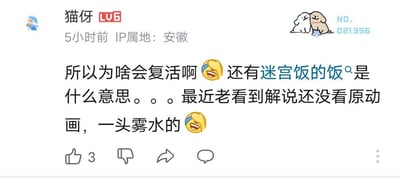 这是一张哔哩哔哩（B站）的用户评论截图，用户“猫伢”（LV6，IP属地安徽）5小时前发布了这条评论。用户表示自己近期频繁刷到动画《迷宫饭》的相关解说，但尚未观看原动画，对作品里的“复活”剧情和“迷宫饭的饭”的含义感到困惑，配了两个笑哭的表情来表达自己一头雾水的状态，评论获得了3个点赞。其中，《迷宫饭》是九井谅子创作的漫画改编的动画，“饭”指的是料理、吃饭，作品核心是主角团在迷宫中利用魔物等食材制作料理，同时推进冒险；“复活”则是故事的核心剧情：主角莱欧斯的妹妹法琳被龙吞食，主角团需要在十天内深入迷宫，通过特殊仪式将她复活。