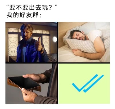 这是一张四格拼接的搞笑梗图，上方配文“要不要出去玩？”“我的好友群：”，用四个画面精准呈现当代年轻人好友群里对于出门邀约的真实状态：左上角是电影《特技狂人》里的瑞恩·高斯林饰演的角色竖起大拇指，代表群里少数想出门的声音；右上角是一位男性蒙头熟睡在床上，代表大部分人想宅家不想出门的慵懒状态；左下角是双手展示的空钱包，代表没钱无法出门的现实困境；右下角的蓝色对勾则表示这三种状态是好友群里的普遍情况，精准戳中当代年轻人想出门却被懒和经济状况限制的日常，引发共鸣。