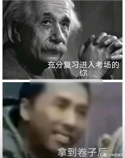 整张图为上下结构的对比梗图，上半部分是物理学家爱因斯坦的黑白肖像，他双手交握，神态沉稳自信，配文为“充分复习进入考场的你”，用来比喻考生进入考场前自认复习到位、信心满满的状态；下半部分是一张模糊处理的男性人像，人物神态茫然错愕，配文为“拿到卷子后”，用来表现考生拿到试卷发现考题超出预期、大脑一片空白的状态，通过前后的强烈反差调侃考试时的常见窘境，搞笑共鸣感强。