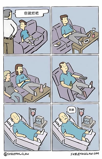 这是一组六格连环讽刺漫画，以一位男性的人生轨迹为线索，展现了“摆烂”从被指责到成为终极选择的荒诞过程：第一格中，一位年长男性站在沙发前，对着沙发上神情低落的年轻男性指责道“你就烂吧”；第二格，年轻男性在沙发上玩游戏，茶几上堆满了吃剩的餐具与饮料，正式开启颓废的摆烂生活；第三格，留起胡子的男性与朋友同坐沙发，茶几上摆放着烟具，生活状态愈发颓废；第四格，中年发福的男性瘫在沙发上，一手持酒瓶一手握遥控器，依旧维持着躺平的生活；第五格，男性躺在病床上，连接着心电监护仪并挂着点滴，生命进入末期；第六格，病床上的男性一脸满足地说出“爽翻”，完成了从被指责摆烂到以摆烂为人生归宿的闭环，用夸张的方式讽刺了彻底放弃自我、躺平到底的生活态度。