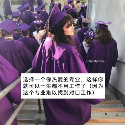 这张图呈现了一群身着紫色毕业服的毕业生正在走楼梯的场景，画面中间的女生侧头回头看向镜头方向。图中添加了一段带有反讽意味的中文文案：“选择一个你热爱的专业，这样你就可以一生都不用工作了（因为这个专业难以找到对口工作）”，用幽默戏谑的方式吐槽了当下部分冷门或个人热爱的专业对口就业困难的现状，精准戳中毕业生在就业选择上的无奈与痛点。