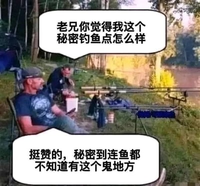这是一张经过文字改编的户外钓鱼主题搞笑梗图，画面呈现了两名男子在林间草地的钓鱼场景，左侧男子向同伴询问自己找到的“秘密钓鱼点”如何，右侧男子用反讽的语气调侃这个地点太过隐蔽，连鱼都不知道此处，以此吐槽这个钓鱼点根本无法钓到鱼，通过这种反差感制造出幽默搞笑的效果。