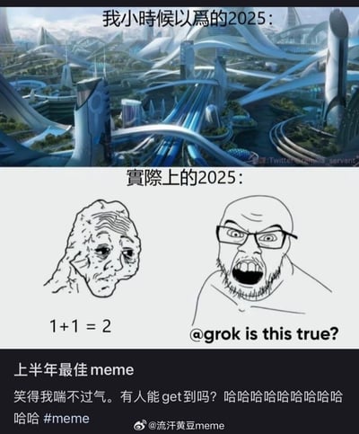 这张梗图分为上下两部分：上方是一副未来城市的科幻画面，代表“我小时候以为的2025”，充满了高科技和现代感。下方是讽刺现实的手绘梗图，两个人物一个写着数学公式“1+1=2”，另一个则在用AI（@grok）来验证这么简单的事实，带出对当下智能工具、AI对话的不切实际依赖的幽默。图下方还有微博评论夸这是“上半年最佳meme”，并表示看了忍不住大笑。整体暗含对理想与现实落差的调侃和对当下科技现状的讽刺。

谐音梗/双关：无明显谐音，但“grok”旨在调侃时下流行用AI确认简单问题的现象。
