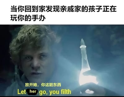 这张梗图通过电影《指环王》的经典场景，幽默地表现了手办收藏者发现亲戚家孩子玩弄自己心爱手办时的崩溃与愤怒情绪。图片上方配有文字'当你回到家发现亲戚家的孩子正在玩你的手办'，下方是电影角色弗罗多·巴金斯手持发光武器的愤怒截图，原台词被改为'放开她，你这脏东西'，将对珍贵手办的保护欲夸张地表现为电影中的紧张对峙场景。