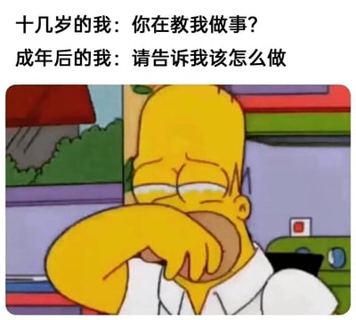 这是一张引发大众共鸣的图文混排表情包，上方的两行文字精准对比了人生两个阶段的心态：十几岁时年少轻狂、叛逆自负，对他人的指导充满抵触，说出“你在教我做事？”的强硬话语；成年后，在生活、工作的压力下逐渐变得迷茫无助，转而渴望得到指引，说出“请告诉我该怎么做”的诉求。下方搭配动画《辛普森一家》中霍默·辛普森的截图，他双眼含泪，用手捂着嘴，神情委屈又痛苦，将成年后那种面对困境的崩溃与无力感具象化，戳中了许多人成长后心态转变的痛点。