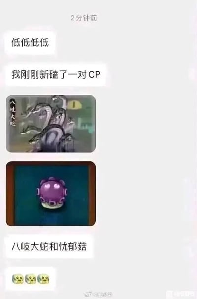 这是一张社交平台的聊天记录截图，内容是一位网友分享自己新磕的趣味CP。聊天发送者先连发四个“低低低低”来表达激动的情绪，接着表示自己刚磕了一对新CP，随后发送了两张游戏角色图片：一张是网易手游《阴阳师》中的SSR式神八岐大蛇，它是拥有多个蛇头的巨型魔物形象；另一张是宝开游戏《植物大战僵尸》中的忧郁菇，是紫色的带有多个喷口的蘑菇植物。最后发送者点明这两个跨游戏的角色就是自己新磕的CP，并附上三个笑哭的表情，以此来玩梗整活。这对CP的组合十分无厘头，二者外形上都具有“多头部/多喷口”的相似特征，属于网友脑洞大开的趣味创作。