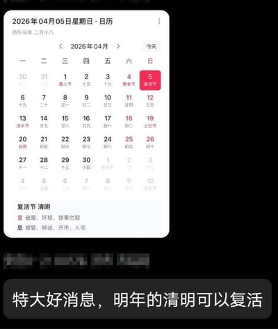 这是一张结合日历截图制作的搞笑玩梗图，图中上方是手机日历APP的2026年4月界面，显示4月5日当天同时标注了“清明”和“复活节”两个节日，下方配文“特大好消息，明年的清明可以复活”。创作者利用两个节日在同一天的巧合，玩了字面意思的双关梗，将复活节的“复活”概念和清明节的祭祀语境结合，制造出荒诞又搞笑的调侃效果。
