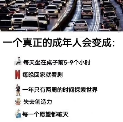 图片上半部分是一张交通拥堵的照片，下半部分是关于成年人生活状态的文字描述，内容包括：每天坐在桌子前5-9个小时、每晚回家就看剧、一年只有两周的时间探索世界、失去创造力、每一个愿望都破灭。图片通过交通拥堵的视觉元素与文字内容相结合，形成对现代成年人生活状态的一种幽默而略带讽刺的描绘。