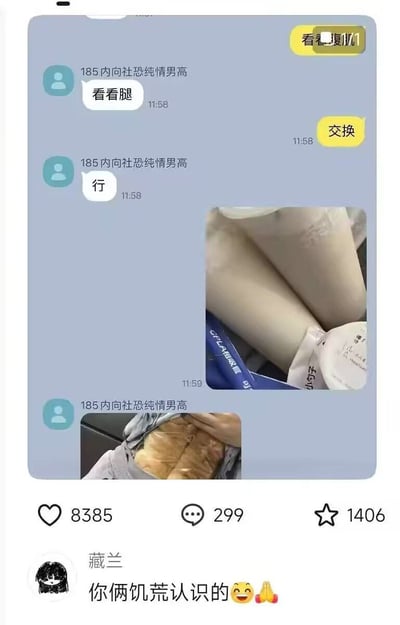 这是一张社交媒体聊天记录截图，显示了用户"185内向社恐纯情男高"与他人的对话。对话内容包括请求"看看腿"并得到"行"的回应，随后发送了一张腿部照片。截图底部有评论"你俩饥荒认识的😂🙏"，以及互动数据：8385个点赞，299条评论和1406个收藏。