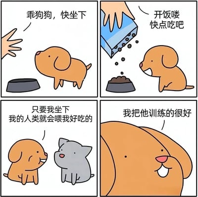 四格连环漫画展现狗狗的“反向训练”幽默：第一格中人类伸手示意棕色狗狗“乖狗狗，快坐下”，狗碗置于一旁；第二格人类正将狗粮倒入碗中，说着“开饭喽 快点吃吧”，狗狗露出开心表情；第三格狗狗得意地对灰色猫咪说“只要我坐下 我的人类就会喂我好吃的”；第四格狗狗特写镜头，骄傲宣称“我把他训练的很好”。通过狗狗视角反转了人与宠物的训练关系，营造出轻松搞笑的氛围。
