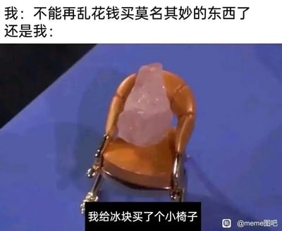 这是一张充满反差感的搞笑网络梗图，图中上方先以文字立下‘不能再乱花钱买莫名其妙的东西了’的flag，紧接着通过下方的画面和配文形成强烈反差：一个带有精致金属支架的迷你小椅子上放着一块冰块，配文‘我给冰块买了个小椅子’。内容精准还原了很多人明明下定决心要省钱、不买无用物品，却总是忍不住被可爱的无用小物件吸引而冲动消费的真实日常，用夸张又贴合生活的方式制造出幽默效果，引发网友共鸣。